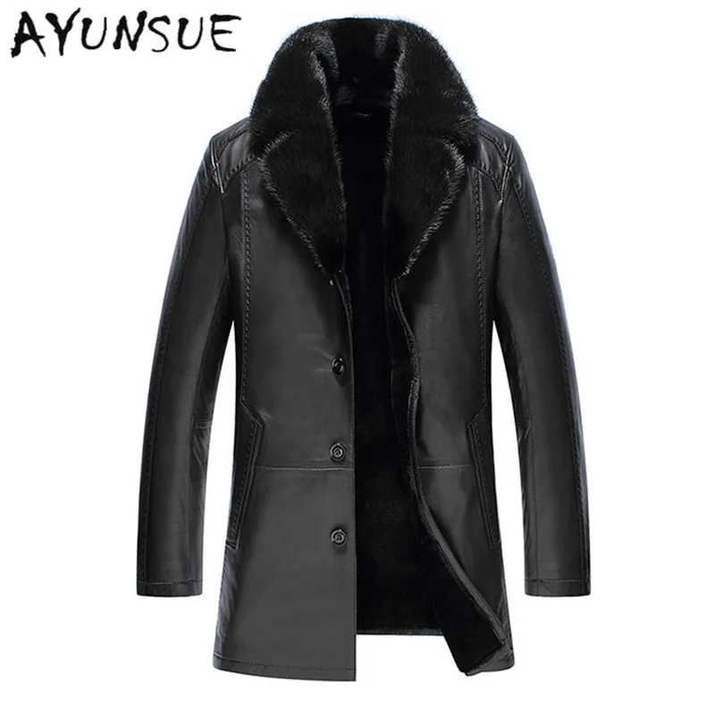 Модная Черная Мужская куртка из натуральной кожи, Мужская Толстая куртка с меховым воротником из овчины, зимняя мужская куртка YYJ0014