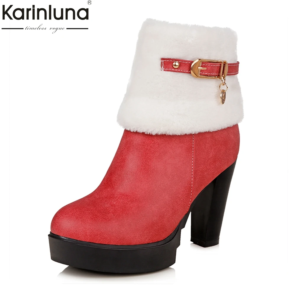 

Karinluna large Size 34-43 high heels Add Fur Winter snow Boots Woman Shoes Slip On Platform Ankle Boots Red Gary Shoes Woman