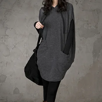 

LANMREM 2020 Spring New Fashion High Quality Casual Women Loose Plus Hooded Pullover Knit Solid Color Dress TC140