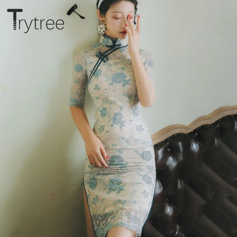 Trytree, летнее женское платье, повседневное, элегантное, воротник-стойка, кружевное, Цветочное платье, с разрезом, по колено, Cheongsam, облегающее платье