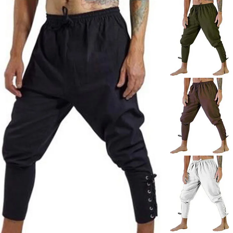 

OLOME Men Casual Pants Halloween Medieval Pirate Horseman Cosplay Costume Loose Pants Viking Black Navigator Leg Bandage Trouser