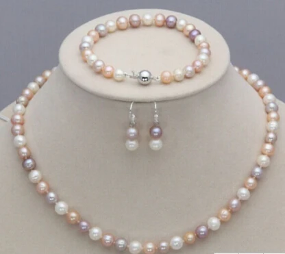 

hot sell New Design 7-8mm White Pink Purple Pearl Jewelry Necklace Fashion Bracelet Earrings Set