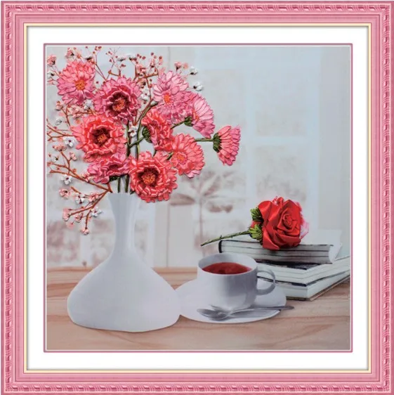 

3D rose daisy Flowers Ribbon embroidery kits with vedio painting sets handcraft embroidery DIY handmade needlework plus