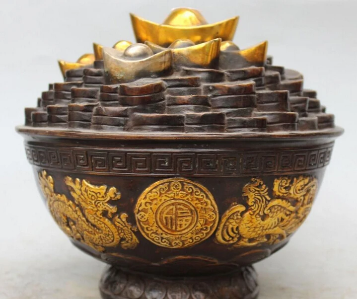

9" Marked Chinese Bronze Gilt Silver Wealth Dragon Phoenix treasure bowl Statue R0709