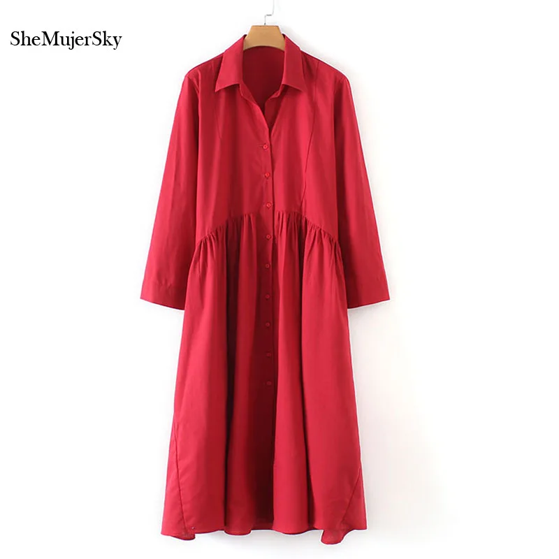 

SheMujerSky Women Red Shirt Midi Linen Dress With Buttons Turn-down Collar 2019 Woman Dresses bodycon