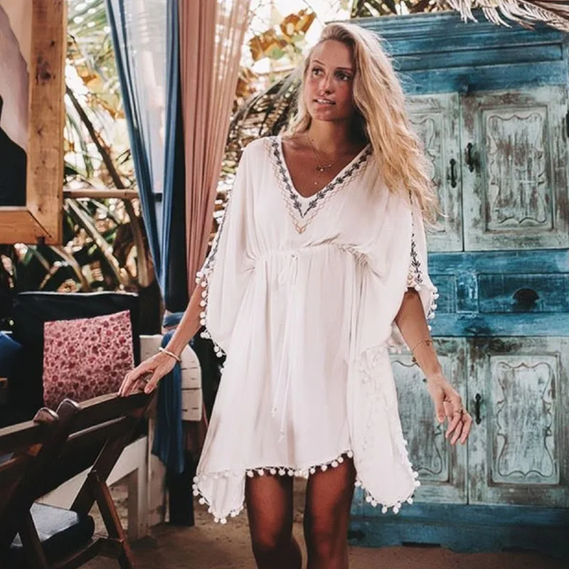 

2019 Beach Cover Up Swimsuit White V Neck Bat Sleeves Loose Beach Dresses Swimwear Women Bikini Bathing Suit Summer Beach Wear