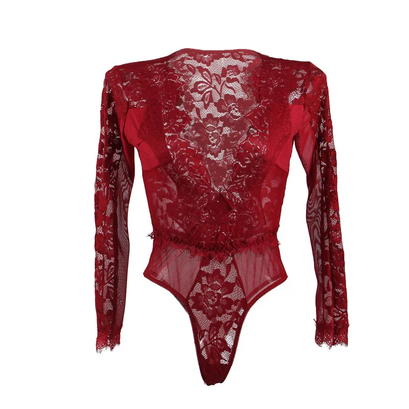 Encaje Body Rojo Manga Larga Mujer Body Encaje Rojo Manga Larga