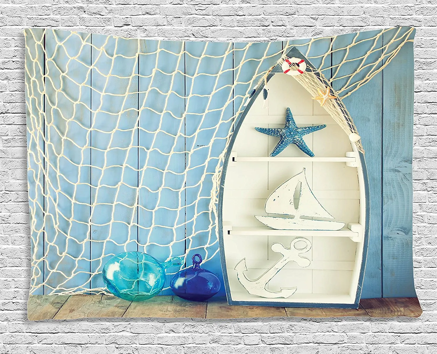 

Nautical Decor Tapestry, Sea Objects on Wooden with Vintage Boat Starfish Shell Fishing Net Photo, Wall Hanging Tapestry