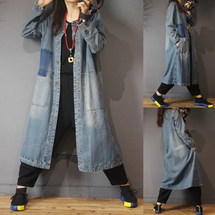 Весенне-осенняя Женская Повседневная универсальная свободная винтажная длинная джинсовая куртка свободного размера плюс с потертостями, верхняя одежда