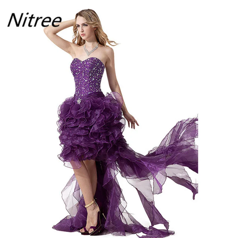 Purple A Line Organza Prom Dresses High Low Sweetheart Neck Beads