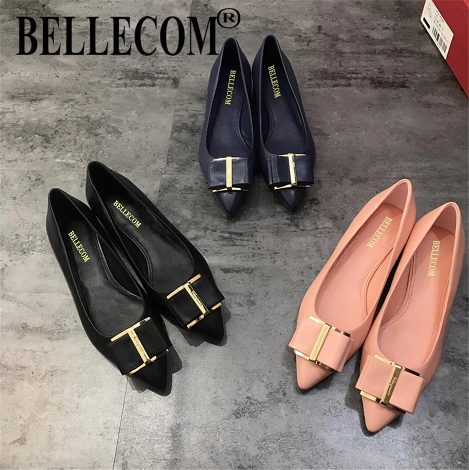 

BELLECOM New spring/summer 2019 fashion elegant pointed bow shallow heels comfortable leather high heel shoes