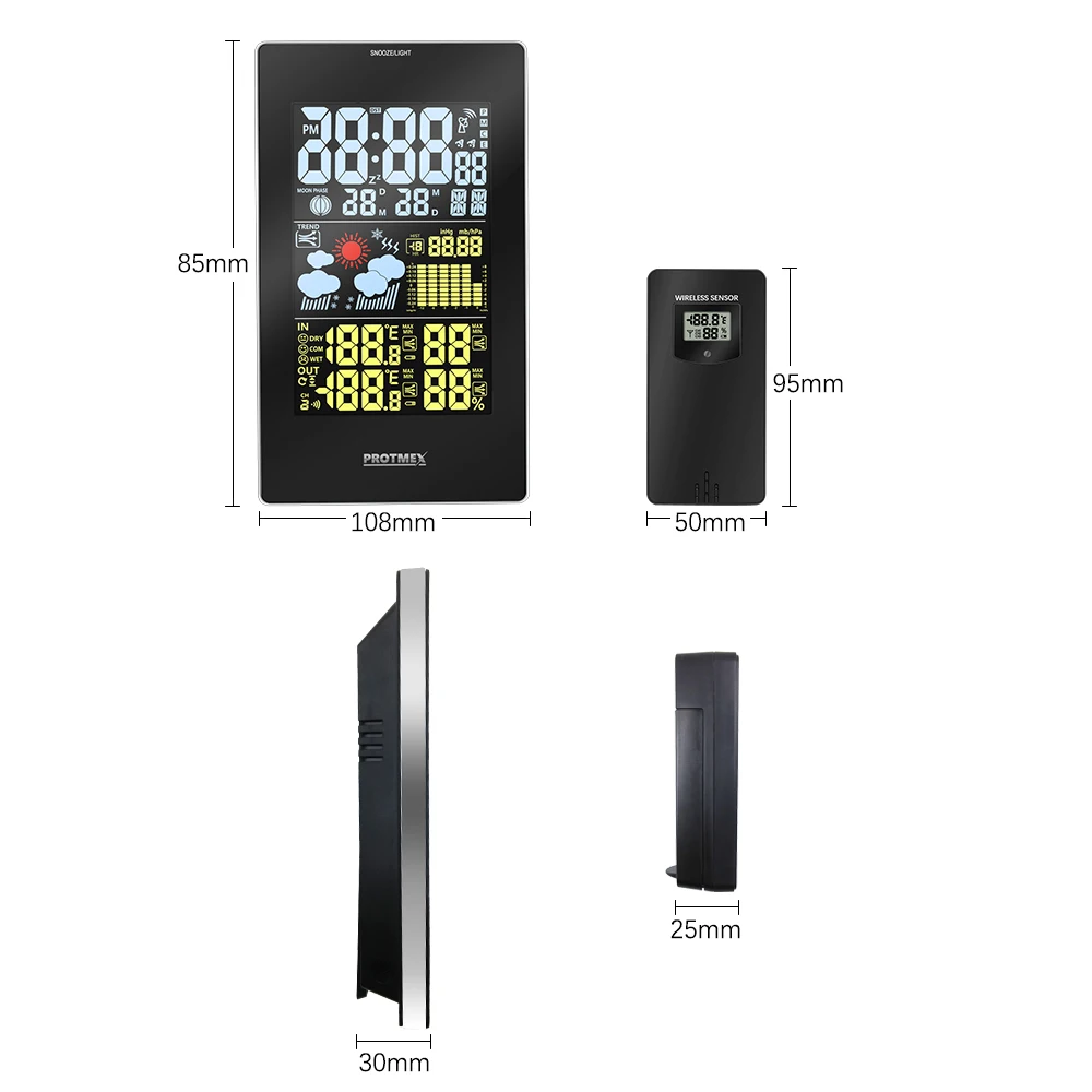 PROTMEX Wireless Weather Station PT3352C Temperature Humidity Sensor Colorful LCD Display Forecast Clock in/outdoor