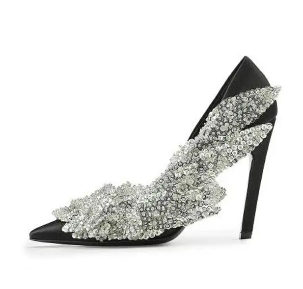 Carollabelly Брендовая обувь с украшением в виде кристаллов Для женщин высокий каблук стразы лист гладиаторы; свадебные туфли из натуральной кожи с заостренным носком на высоком каблуке - Цвет: black