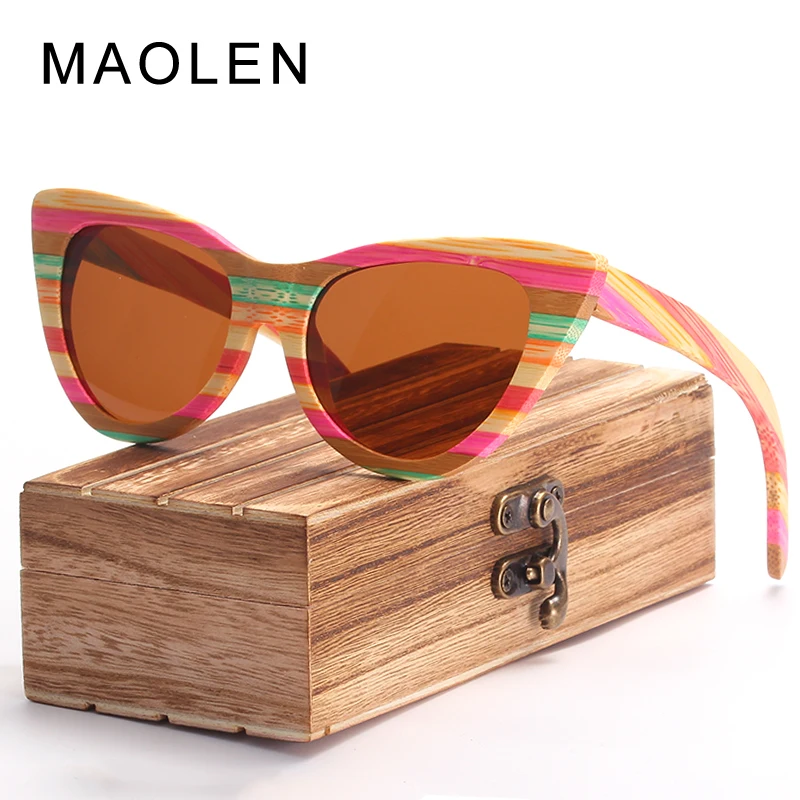 

MAOLEN Handmade Colored Wooden frame Sunglasses Polarized Women Men multicolor Sun Glasses Beach Anti-UV Eyeglasses for Driving