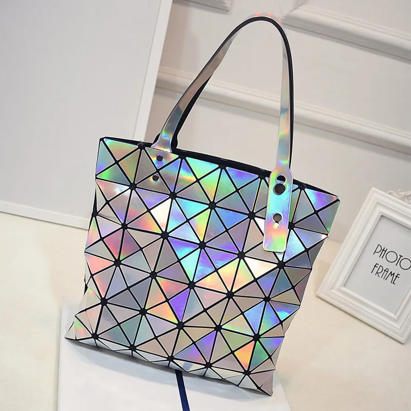 

2018 The Promotion Two Zipper Totes New Spring And Summer Amazing Bag Folding Laser Triangle Geometric Shoulder Laptop Tote