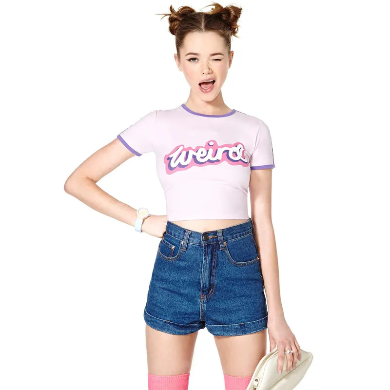 

summer western style fashion slim thin fabric print letters short sleeve XS SML XL XXL bare midriff woman's Casual short t-shirt