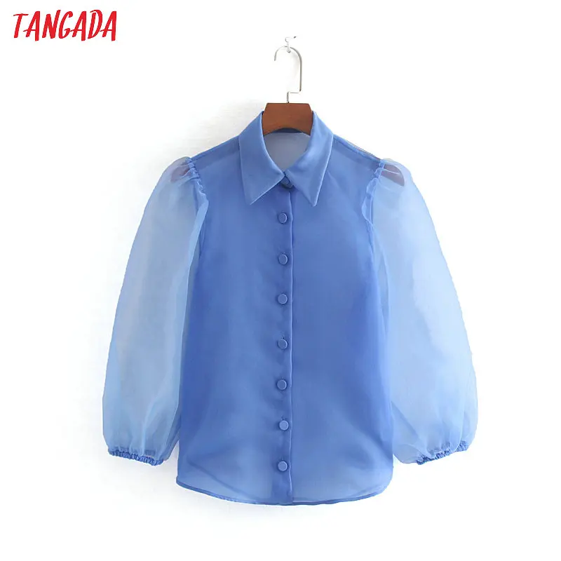 

Tangada women chic blue transparent blouse buttons lantern long sleeve female mesh shirts stylish office ladies tops CE131