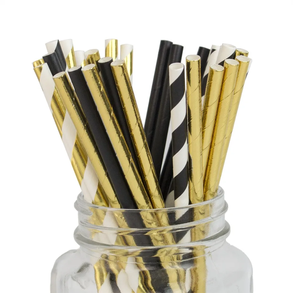 100 шт биоразлагаемые полосатые соломинки золотые и черные бумажные соломинки вечерние свадебные украшения