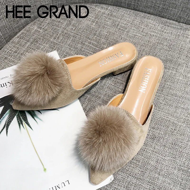 HEE GRAND/шлепанцы на высоком квадратном каблуке с искусственным мехом элегантные