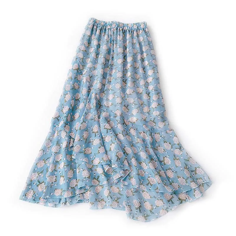 Wasteheart Spring Blue Khaki Women Skirt Floral Asymmetrical Casual High Waist Ankle Length Long Skirt Chiffon Clothing Ruffles Wasteheart Spring Blue Khaki Women Skirt Floral Asymmetrical Casual High Waist Ankle Length Long Skirt Chiffon Clothing Ruffles