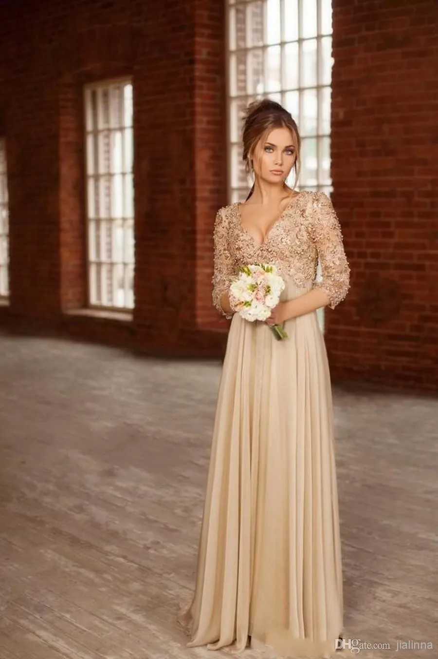 Vestidos De Fiesta/Лидер продаж, модный элегантный топ 3/4, платья с длинными рукавами для выпускного вечера, v-образный вырез, бисероплетение, шифоновые сексуальные вечерние платья