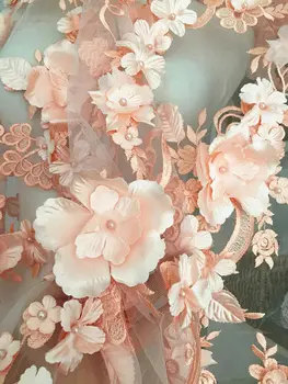 

One YardLuxury Pearl Beaded 3D Lace Fabric in Peach , 3D Full Blossom Embroidered Wedding Gown Fabric ,Bridal Dress