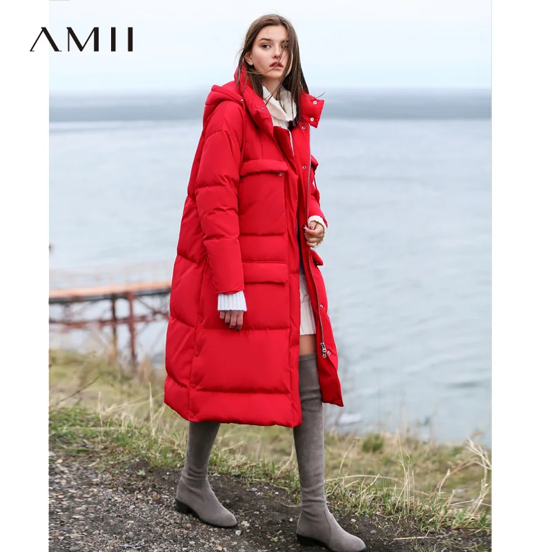 Vestes Soild Épais De Duvet Capuchon Manteau Causal Red Vers Minimaliste Down Le Chaud Poches Femelle D'hiver Femmes 90 Canard Coat Bas Amii À Blanc 2018 Long 6Iq8gv