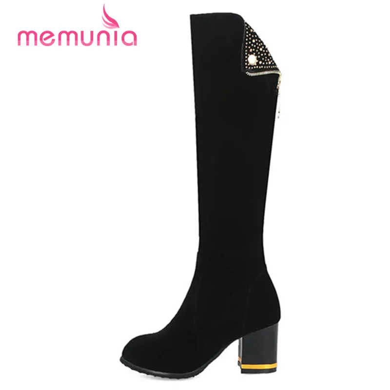 

MEMUNIA 2020 new knee high boots fashion rivet simple round toe square heels boots winter high heels women boots big size 32-43