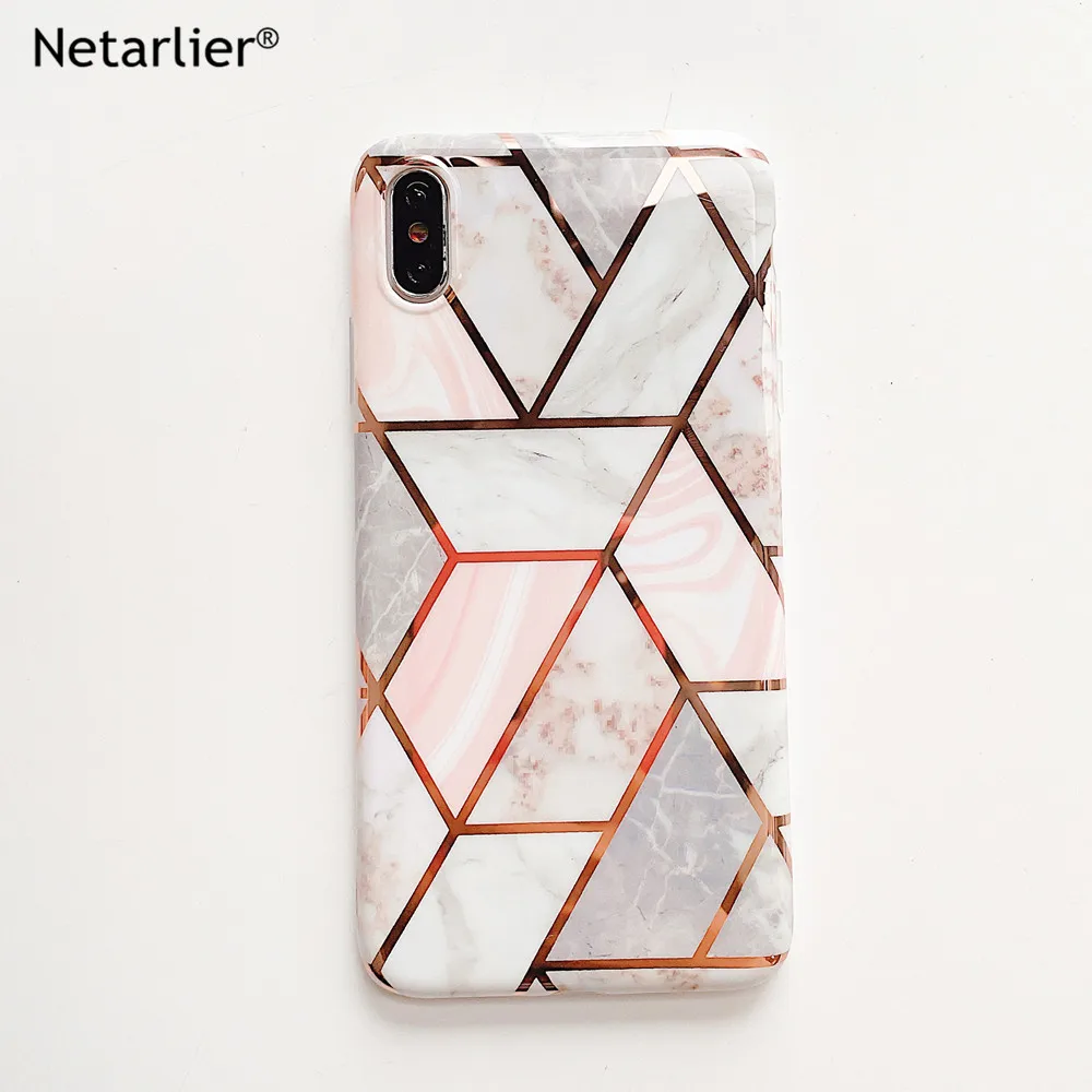 

Netarlier Luxury Chrome Phone Case For iPhone Xsmax XR 7Plus x 8 6 6s White Pink Splicing Geometric Marble Case Glossy IMD Cover
