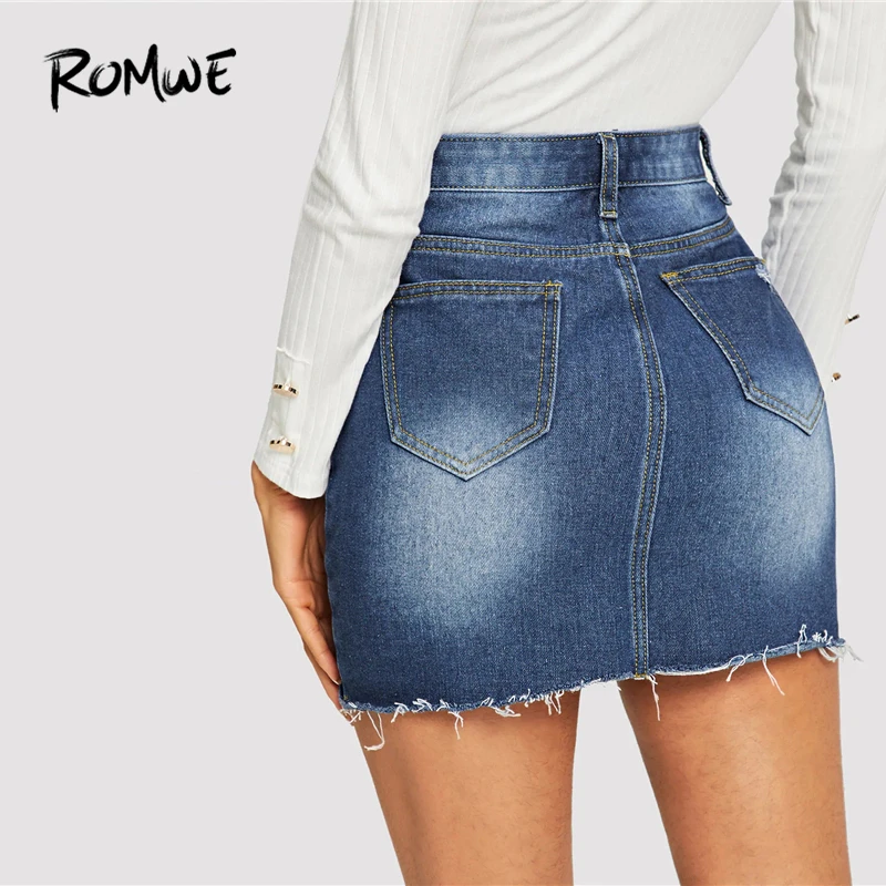 ROMWE 5-Pocket Ripped Detail Облегающая джинсовая юбка синие с высокой талией джинсовые юбки летние женские на молнии Пуговицы сексуальная юбка