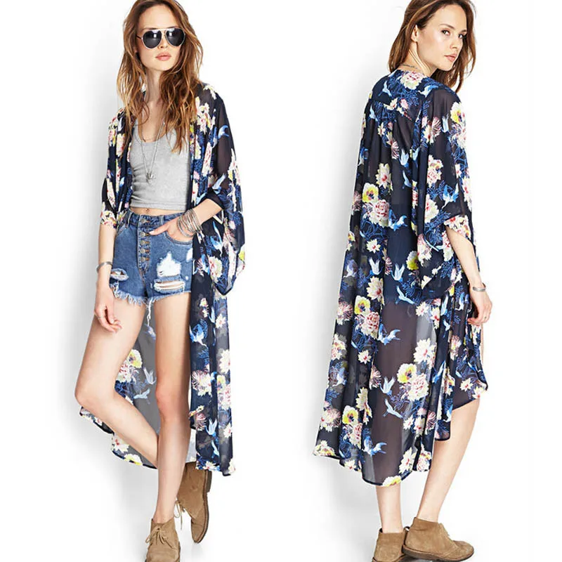 Sakurastore 2017 Spring Vestideo font b Women b font Floral Printed Half Sleeve Chiffon Kimono Cardigan