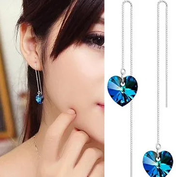 

Fashion Silver Chain Tassel Earring Titanic Blue Stone Ocean Heart Crystal Anti Allergy Dangle Earrings Pendent Woman Jewelry