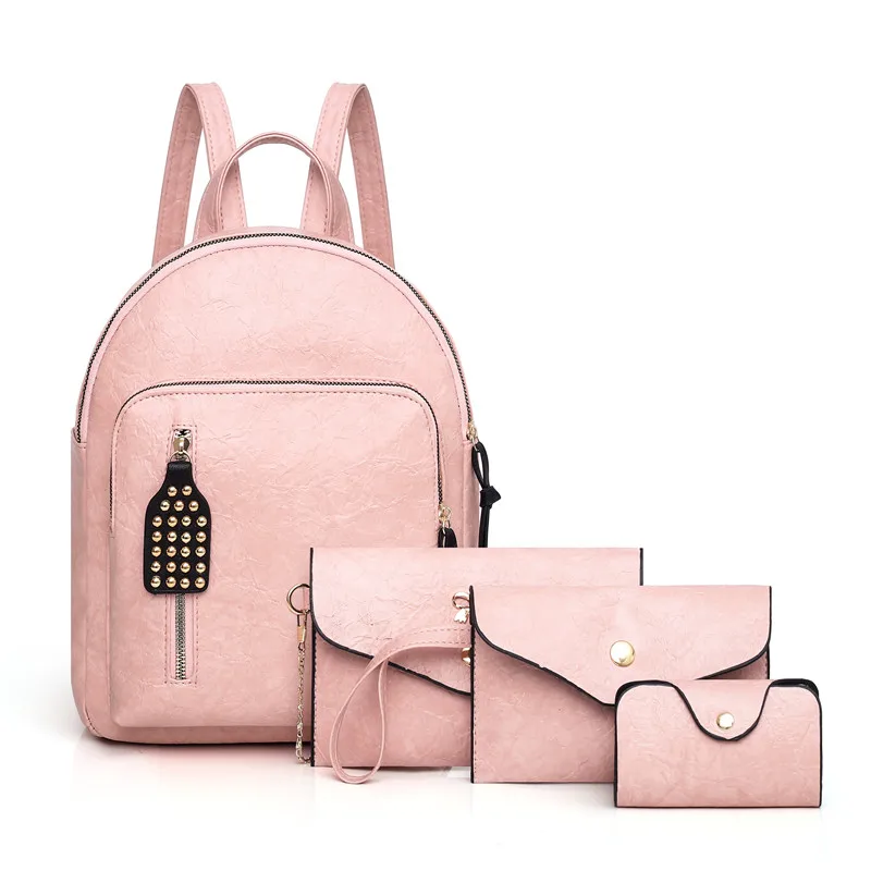 Amberler/высококачественные женские рюкзаки из искусственной кожи для девочек-подростков; школьные сумки; модные женские сумки; комплект из 4 предметов; дорожная сумка на плечо - Цвет: Розовый