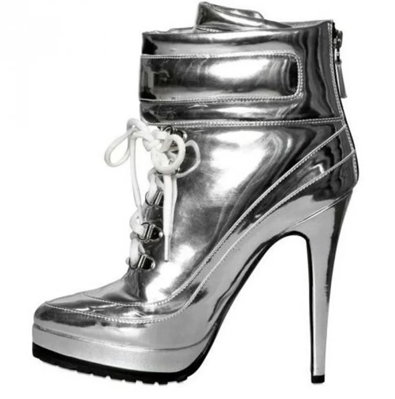 

2018 Punk Style Nightclub Ankle Boots Silver Mirror Leather Lace-up Motorcycle Boots Woman High Platform Party Dress Shoes M090