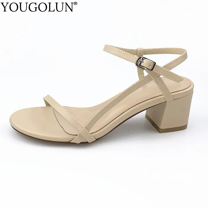 

PU High Heel Sandals Women New 2019 Summer Narrow Band Ladies Square Heel Sandal C148 Woman Buckle Apricot White Open Toe Shoes