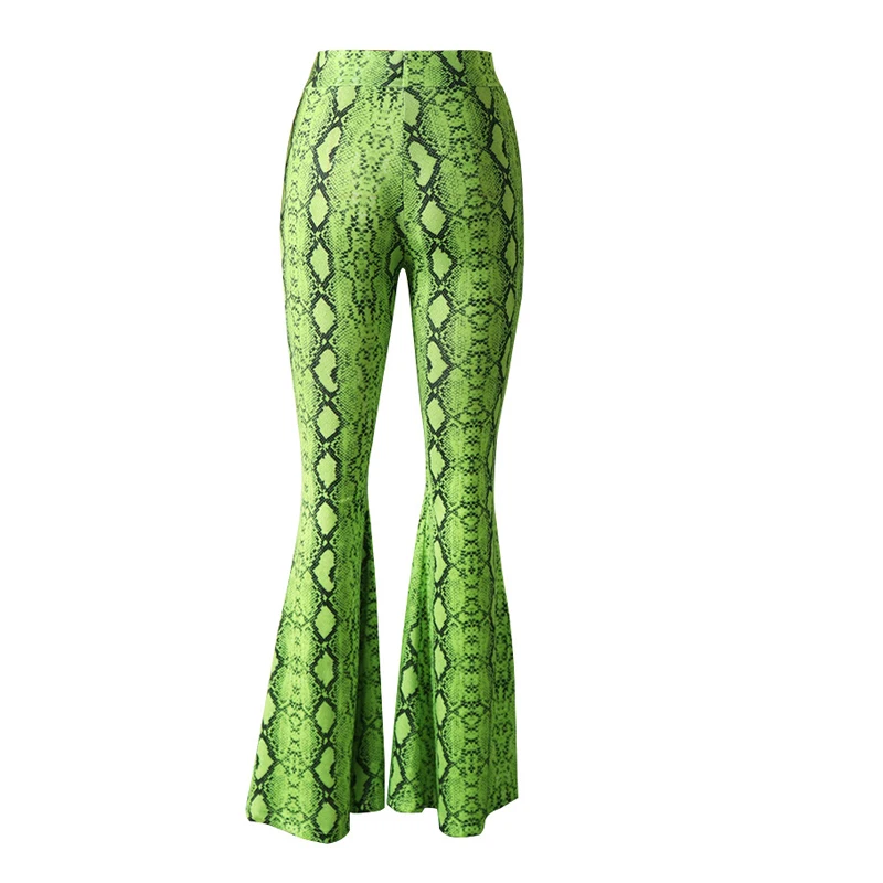 Женские широкие длинные штаны со змеиным узором, Стрейчевые повседневные брюки с высокой талией, зеленый, розовый цвет, модная женская нижняя одежда