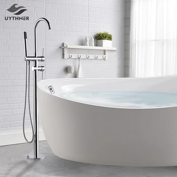 

Newly Free Standing Chrome Polished Bath Tub Faucet Dual Handles Floor Type Bathtub Mixer Faucet Tap With Handheld Shower