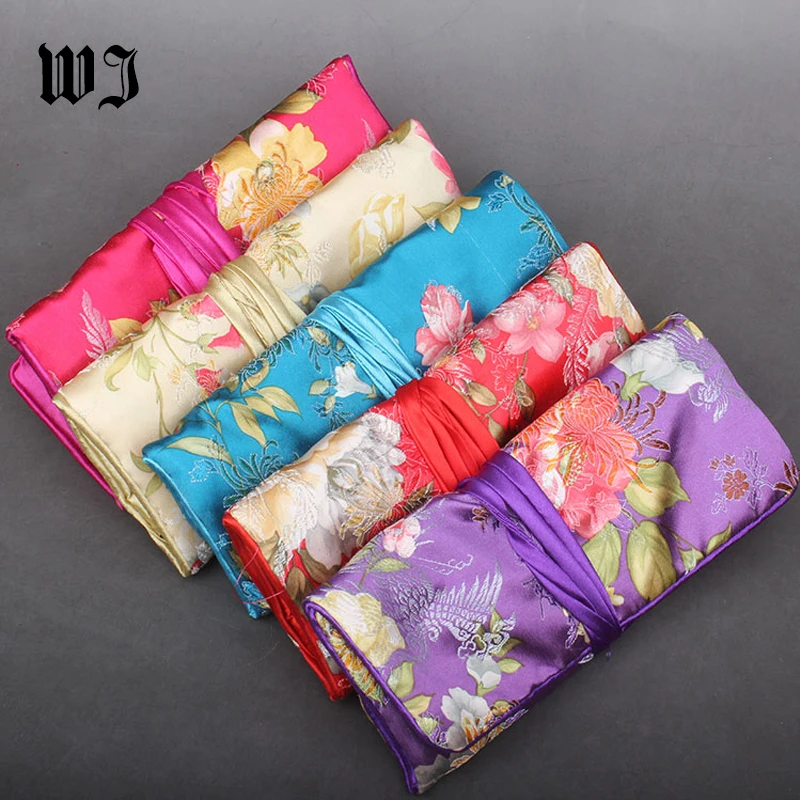 Portable Silk Cosmetic Set Jewelry Travel Rolls Pouch Gift Bag Coin Purse Vintage Embroidery Jewelry Organizer Handbag 3 Zippers