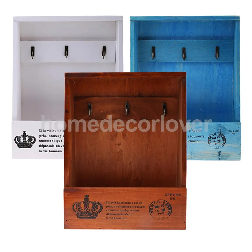 Retro Wall Mount Key Rack Storage Box Shelf Wooden Cabinet Cubby Letter Mail Holder Case