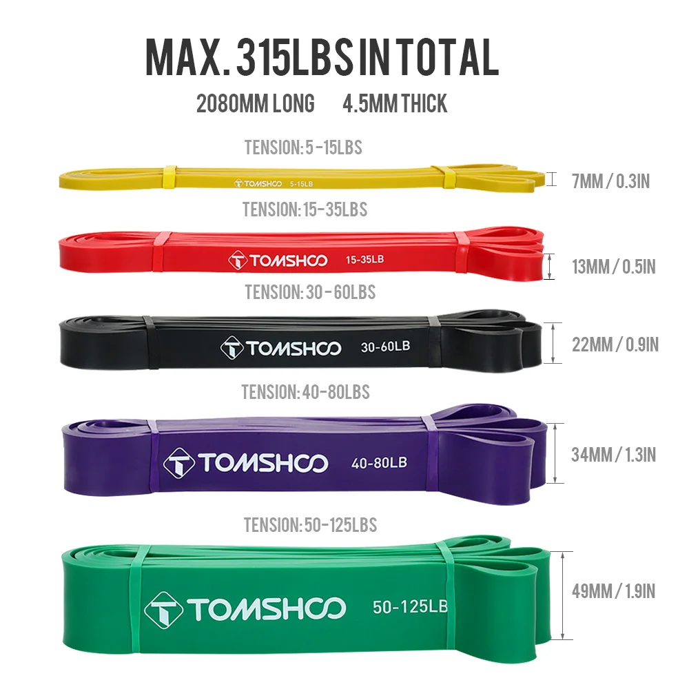 TOMSHOO, 5 упаковок, набор ремней для подтягивания, эластичные ленты для силовых упражнений с дверным якорем и ручками