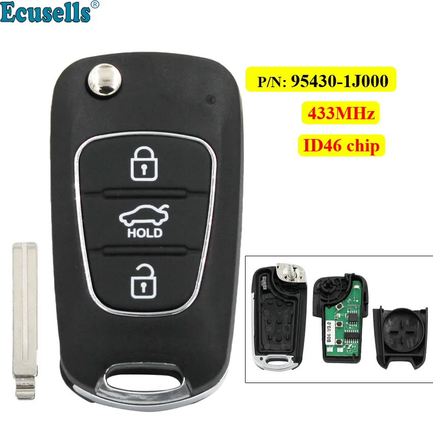 

Upgraded 3 buttons Flip Remote Key Fob 433MHz with ID46 chip for Hyundai i35 i20 2008-2012 P/N: 95430-1J000 uncut