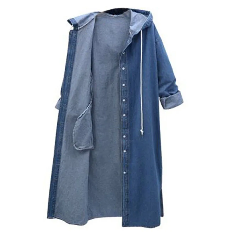 Occasionnel Shenlanse Manteau Vintage Taille Tranchée Casual Denim Long Bouton À Unique qianlanse 4xl Longues vent Cowboy Coupe Plus Femmes Manches Capuchon La S7EERw