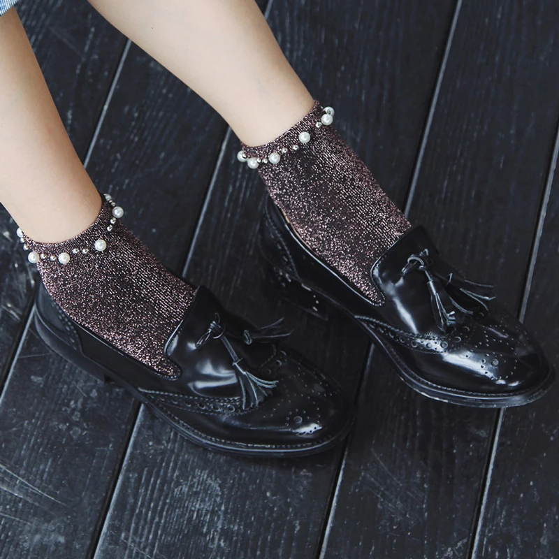 

Hipster Anklet Design Shiny Socks Women Fashion Vintage Harajuku Socks Female Funny Rhinestone Pearl Pink Socks Art Sox