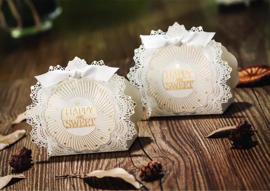 

Luxury laser cut lace baby shower favor candy box with ribbon, wedding marriage, bomboniere sweets dragee bag , 100PCS