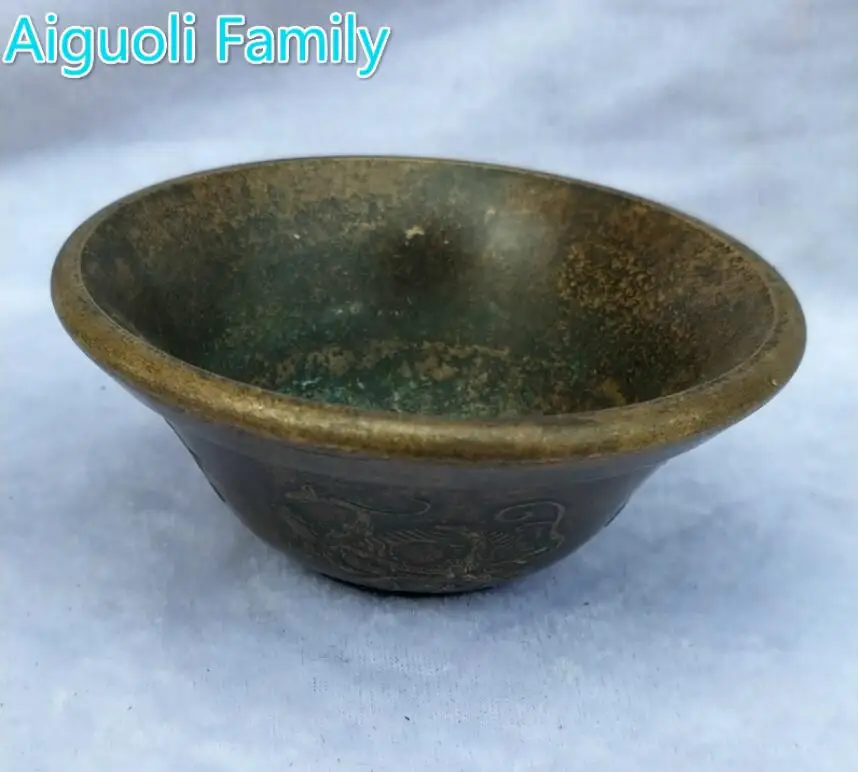 

Art Collectibles Chinese Old Bronze Carved 4 Animal Beast Feng Shui Bagua Bowl With Mark ,Diameter 10 CM