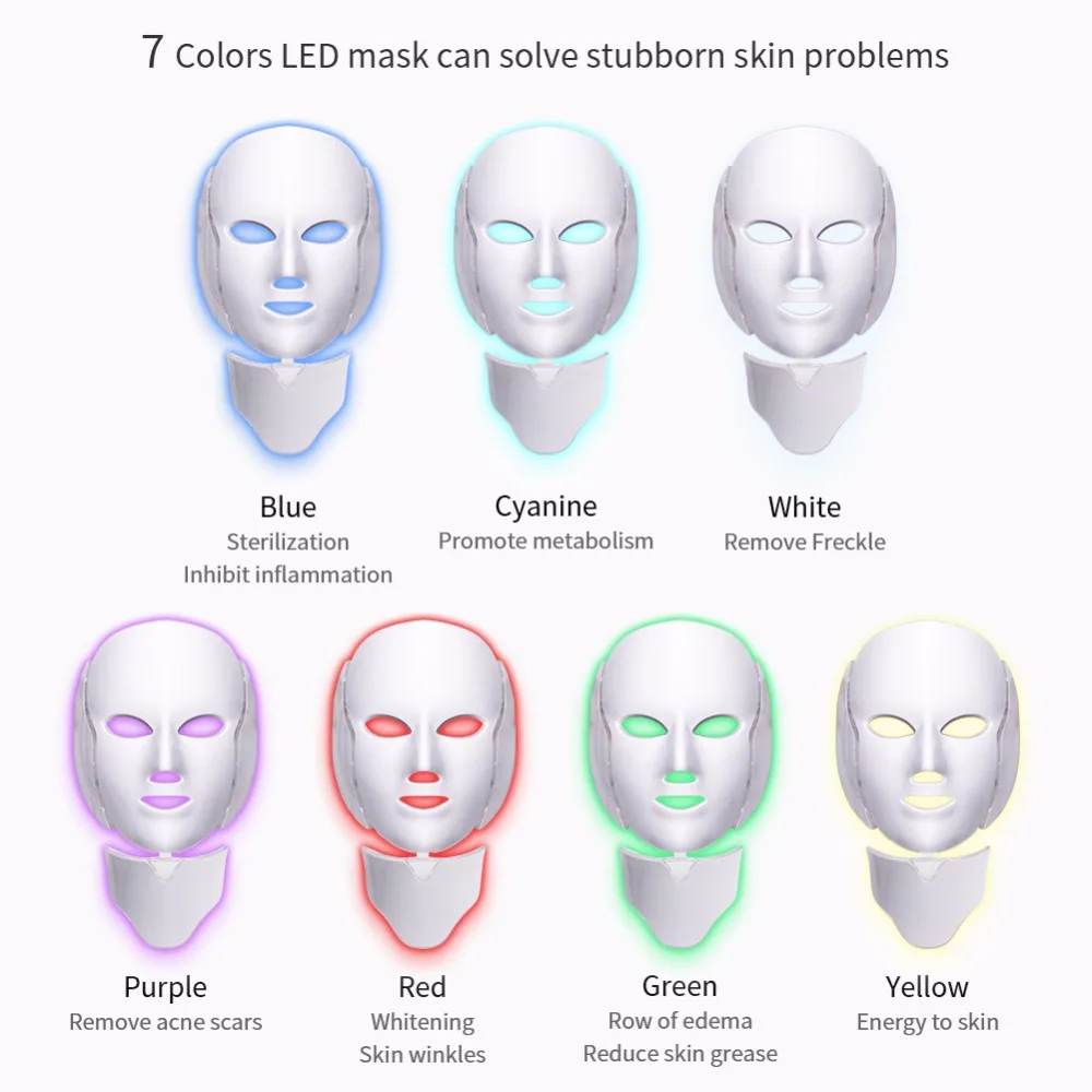 7 цветов светодиодный LED маска для лица с средства ухода за кожей Шеи омоложения кожи уход за лицом Красота анти акне терапии отбеливание