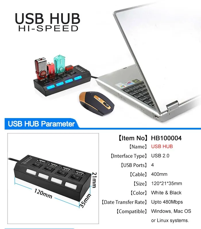 4 Порты и разъёмы USB 1.1USB концентратор 480 Мбит/с раздельный переключатель вкл./выкл. Ж/USB кабель для ПК/ноутбук/Камера/Мышь/жесткий диск