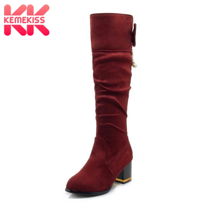 

KemeKiss Size 34-48 Knee Boots Women High Heel Bowtie Zipper Winter Fur Women Long Boots Korean Fashion Shoes Winter Footwear