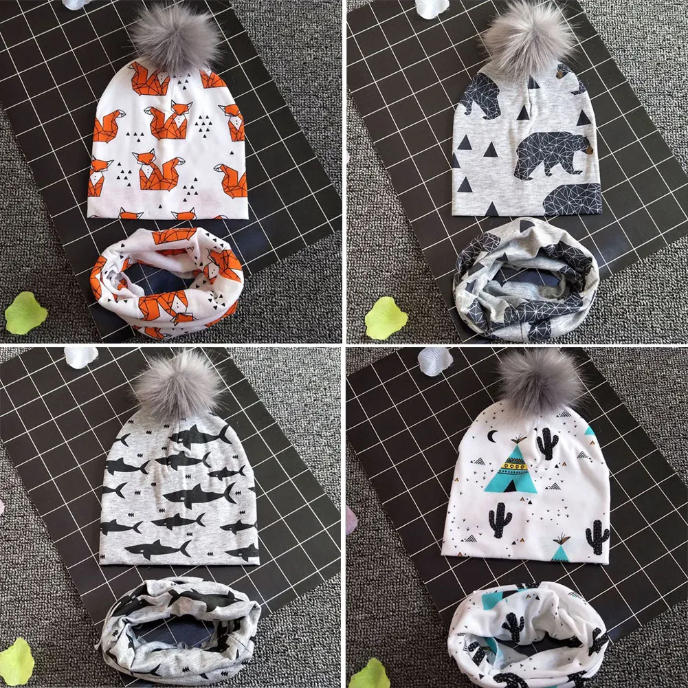 Шапка с помпонами для новорожденных мальчиков и девочек, зимняя теплая вязаная шапочка с помпоном, шарф, комплект, зима-осень, кактус, Акула, Орел, белый медведь, лиса