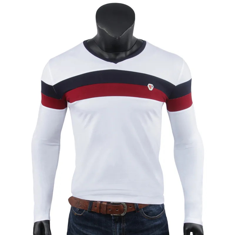 

Spring Men's Long Sleeve T-Shirt New V-neck Colorblock Slim Shirt Cotton T-Shirt Large Size Men's Wear